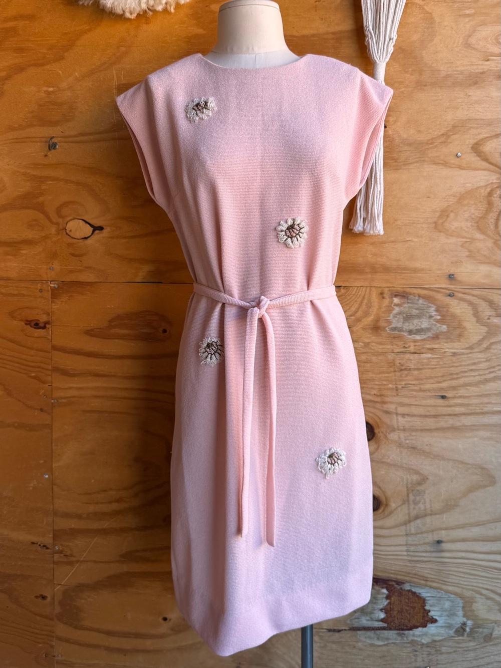 60s Manford Pink Knit Dress with Beaded Flowers